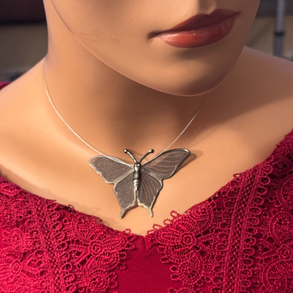 Gun metal butterfly pendant necklace